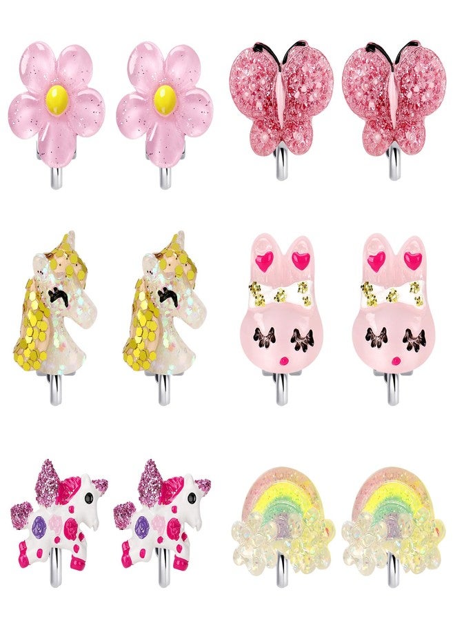 Wingchold 6Pairs Unicorn Flower Clip On Earrings for Little Girls, Toddler Butterfly Clip On Jewelry Rainbow Earrings Kids Dress Up Jewelry - Image 1
